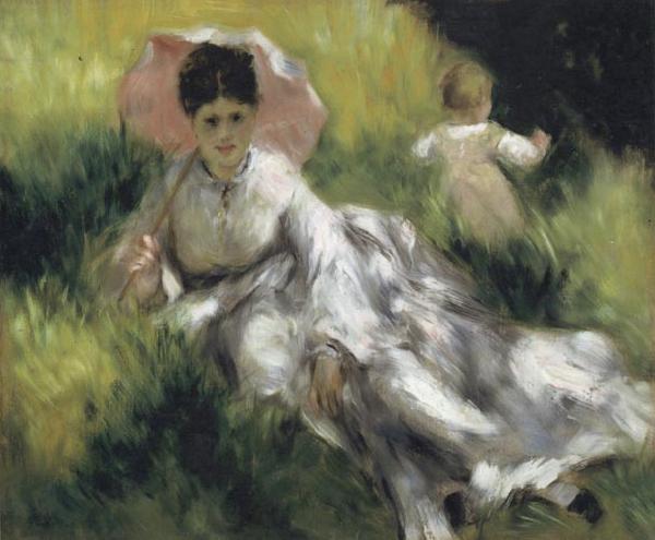Pierre Renoir Woman with a Parasol and Small Child on a Sunlit Hillside Sweden oil painting art